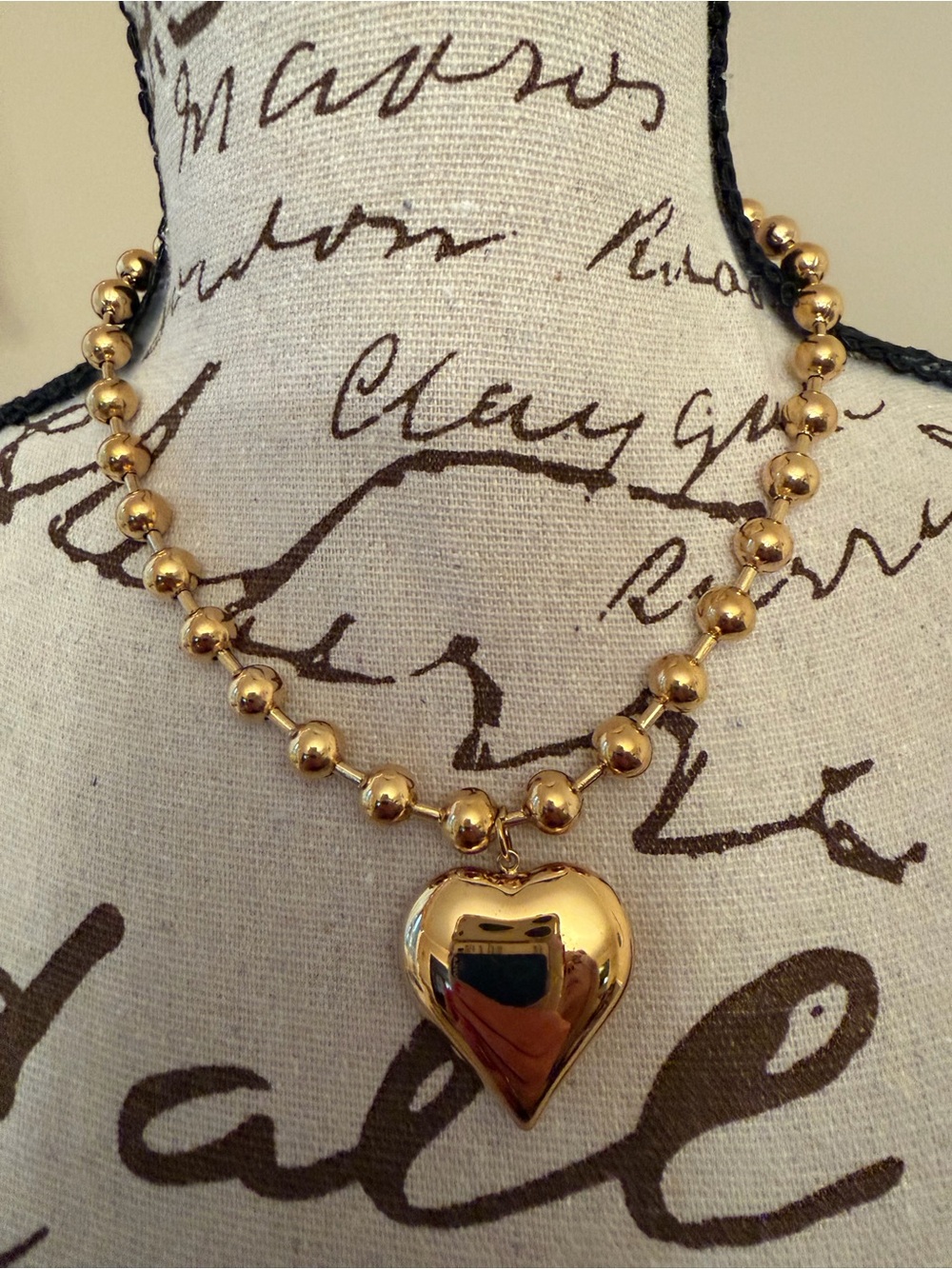 Gold Tone Puffy Heart Pendant Ball Bead Necklace